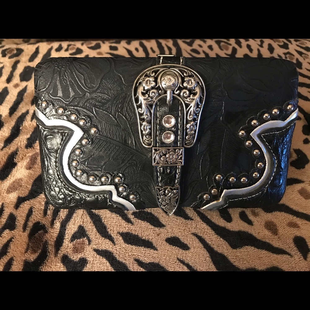 Black rhinestone western snap wallet